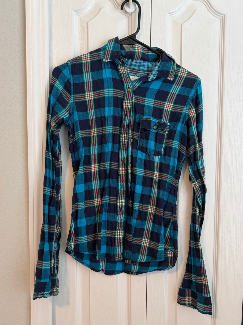 Abercrombie & Fitch Teal and Navy Plaid Button-Down Shirt